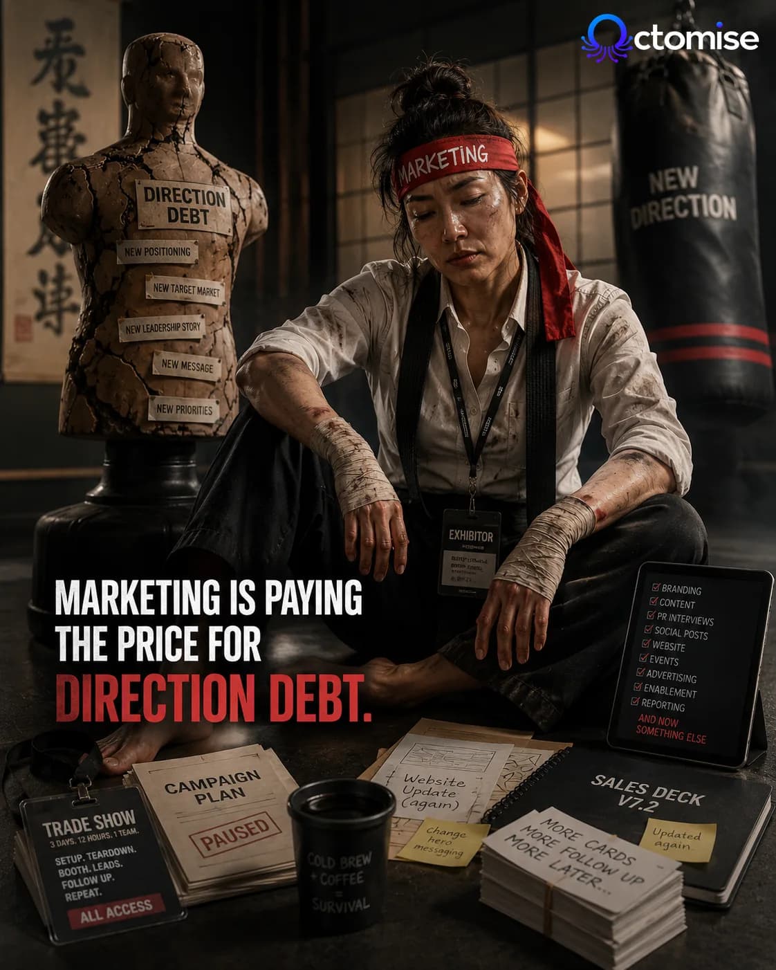 Direction debt visual showing how shifting strategy creates downstream cost for marketing teams.